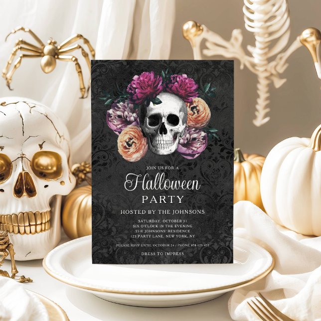 Elegant Gothic Floral Skull Halloween Einladung (Elegant Gothic Floral Skull Halloween Invitation)