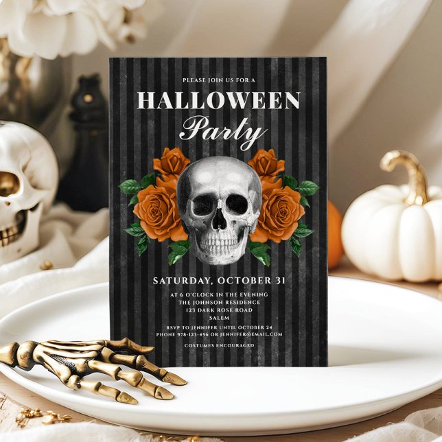 Elegant Gothic Floral Skull Halloween Einladung (Elegant Gothic Roses & Skull Halloween Party Invitation)