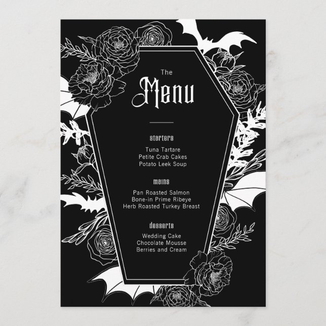 Elegant Gothic Floral Wedding Black Menükarte (Vorderseite)