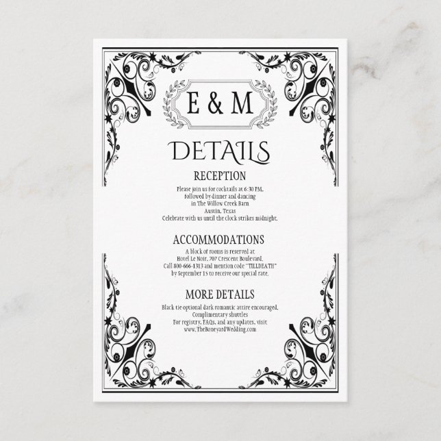 Elegant Gothic Monogram Wedding Details Begleitkarte (Vorderseite)