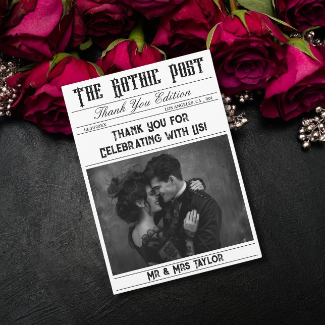 Elegant Gothic Newspaper Foto Vielen Dank Einladung (gothic newspaper thank you card)