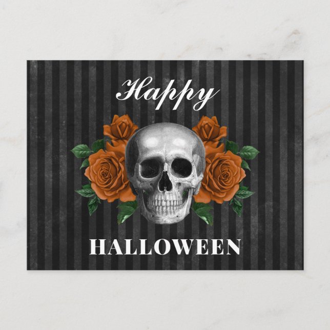 Elegant Gothic Orange Bloral Skull Happy Halloween Postkarte (Vorderseite)