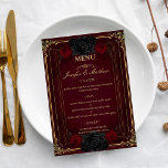 Elegant Gothic Romance Wedding  Menükarte<br><div class="desc">Elevate your reception with this gothic romance wedding menu, featuring a rich burgundy background, elegant typography, and dramatic rose accents. Designed to complement dark romantic and gothic wedding themes, this menu adds a luxurious and moody touch to your table setting. All text is customizable to coordinate perfectly with your wedding...</div>