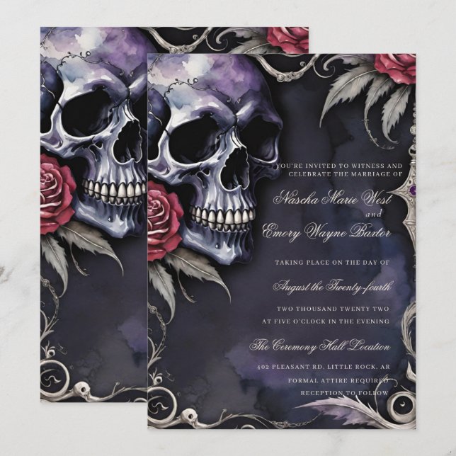 Elegant Gothic Skull & Red Roses Wedding Einladung (Vorne/Hinten)