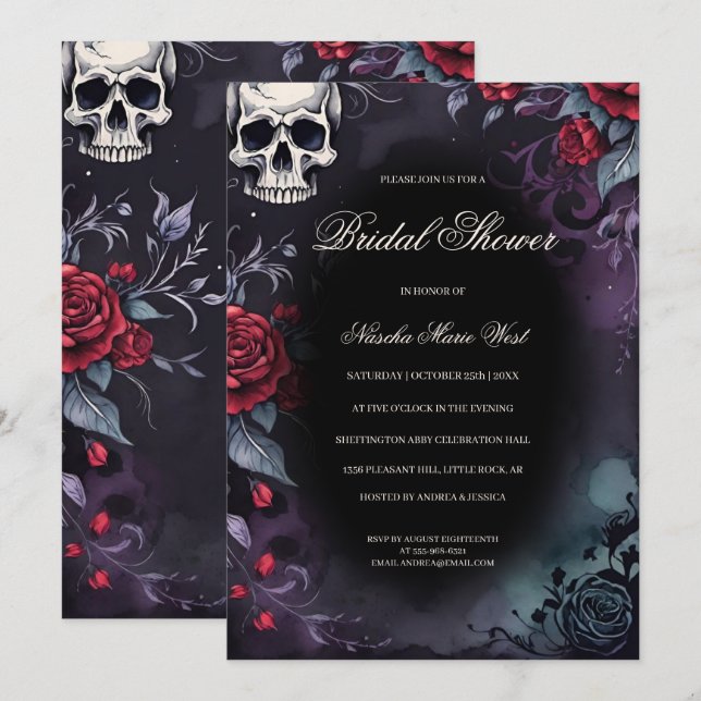 Elegant Gothic Skull & Roses Bridal Shower Einladung (Vorne/Hinten)