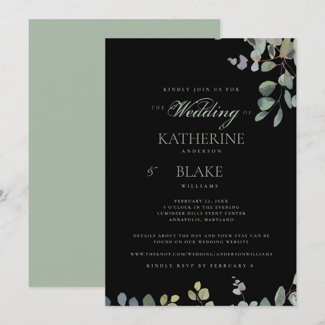 Elegant Grace Black Eucalyptus Website Wedding Einladung (Vorne/Hinten)