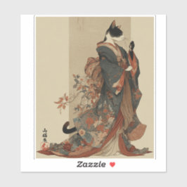 "Elegant Grace" Japanese Cat in Kimono Art Aufkleber