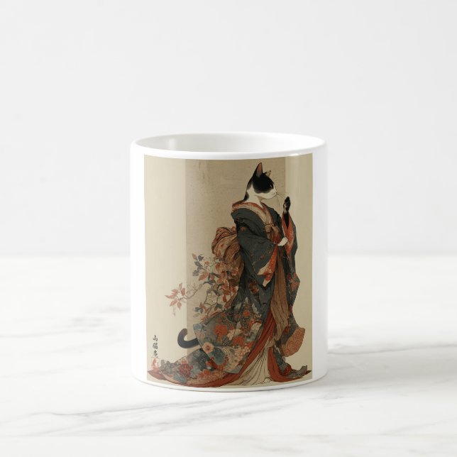"Elegant Grace" Japanese Cat in Kimono Art Kaffeetasse (Mittel)