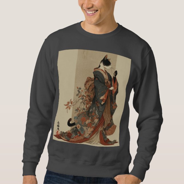 "Elegant Grace" Japanese Cat in Kimono Art Sweatshirt (Vorderseite)