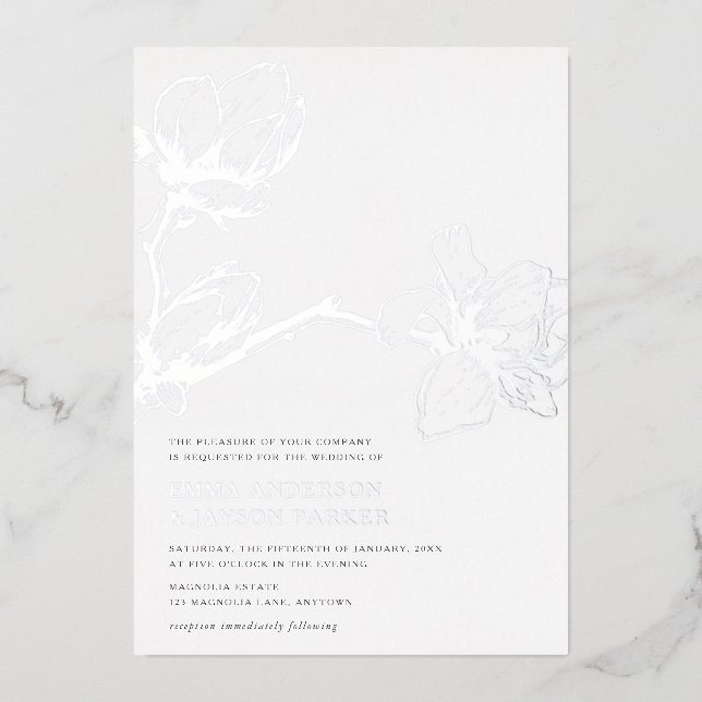 Elegant Graceful Magnolia Wedding White + Silver Folieneinladung (Vorderseite)