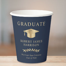 Elegant Grad Cap Blue Gold Graduation Party Pappbecher