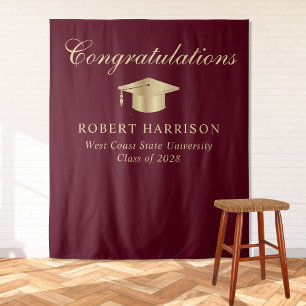 Elegant Grad Cap Burgundy Gold Abschluss Willkomme Wandteppich
