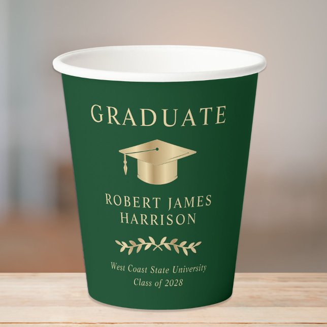 Elegant Grad Cap Green Gold Graduation Party Pappbecher (Von Creator hochgeladen)