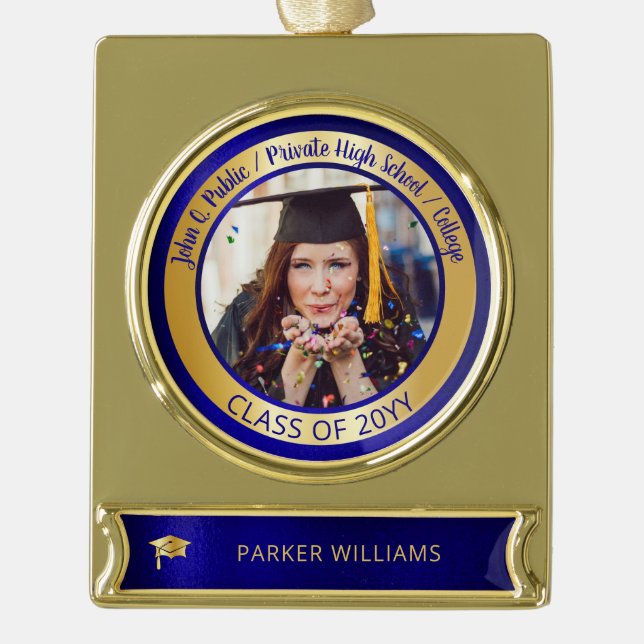 Elegant Grad Cap School Graduate Abschluss Foto Banner-Ornament Gold (Vorderseite)