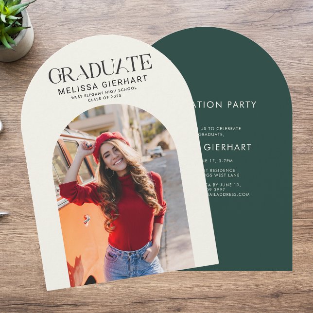 Elegant Grad Foto 2025 Uni-Abschluß Party Einladung (Graduation 2025 Green Champagne Photo Arch Party Invitation)
