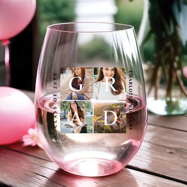 Elegant Grad Graduate Foto Collage Erinnerungen Weinglas Ohne Stiel (Elegant Grad Graduate Photo Collage Memories Stemless Wine Glass)