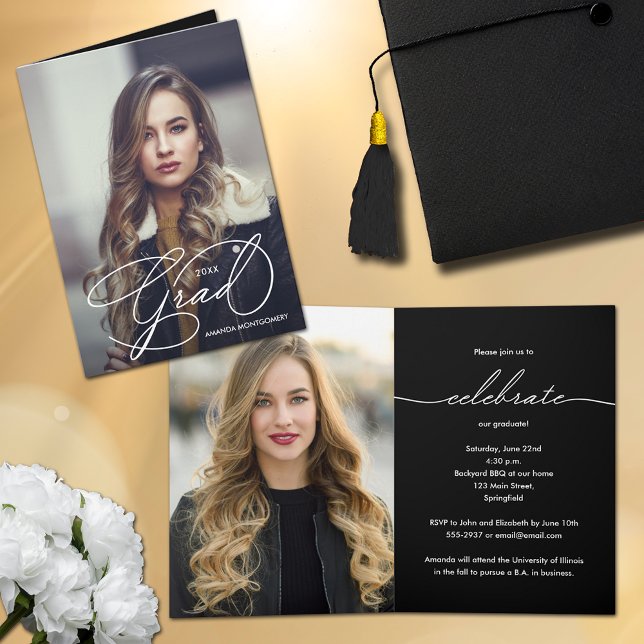Elegant Grad Script Foto Abschluss geklappt Einladung (Elegant Grad Script Photo Graduation Folded Invitations)