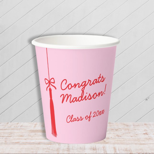 Elegant Grad Tassel Bow Pink Red 2025 Abschluss Pappbecher (Elegant Grad Tassel Bow Pink Red 2025 Graduation Paper Cups)