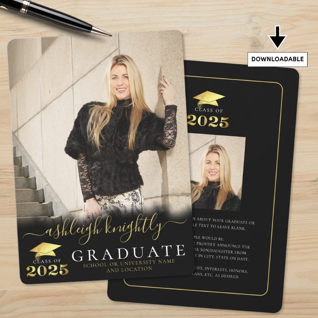 Elegant Graduate 2025 Black Gold Script 2 Fotos Ankündigung (Von Creator hochgeladen)