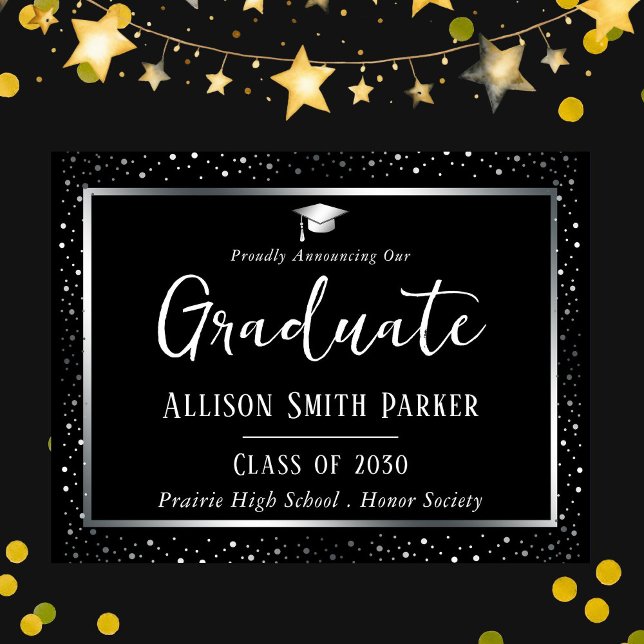Elegant Graduation Announcement Black and Silver Postkarte (Von Creator hochgeladen)