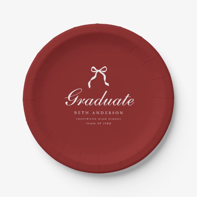 Elegant Graduation Party Wine Red Coquette Bow Pappteller (Vorderseite)