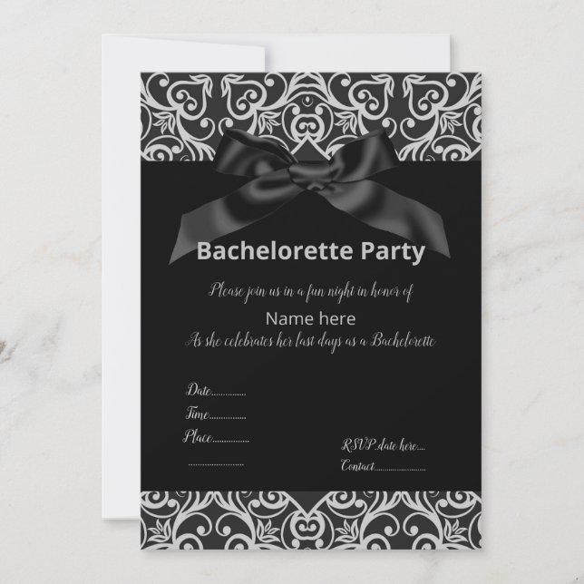 ELEGANT GRAU BLACK BOW BACHELORETTE INVITE EINLADUNG (Vorderseite)
