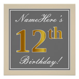 Elegant, Grau, Falsches Gold 12. Geburtstag + Name Poster