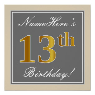 Elegant, Grau, Falsches Gold 13. Geburtstag + Name Poster