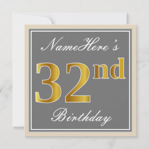 Elegant, Grau, Falsches Gold 32. Geburtstag + Name Einladung