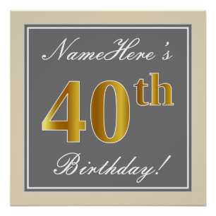 Elegant, Grau, Falsches Gold 40. Geburtstag + Name Poster
