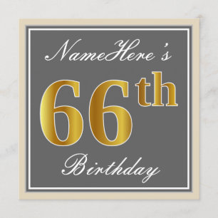 Elegant, grau, Imitat-Gold66. Geburtstag + Name Einladung