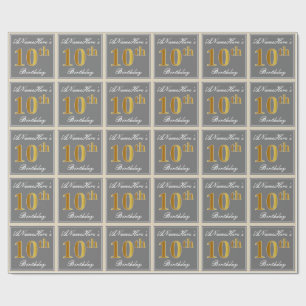 Elegant, grau, Imitate Gold 10. Geburtstag + Name Geschenkpapier