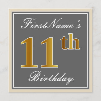 Elegant, grau, Imitate Gold 11. Geburtstag + Name Einladung