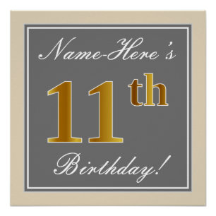 Elegant, grau, Imitate Gold 11. Geburtstag + Name Poster