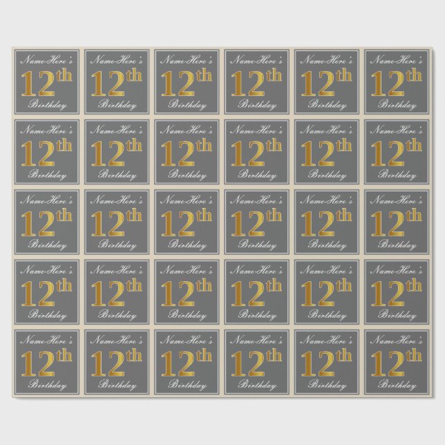 Elegant, grau, Imitate Gold 12. Geburtstag + Name Geschenkpapier (Flach)