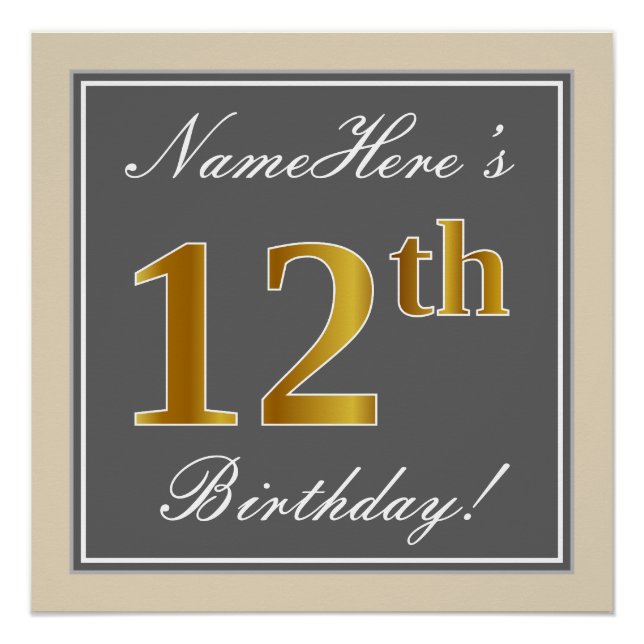 Elegant, grau, Imitate Gold 12. Geburtstag + Name Poster (Vorderseite)