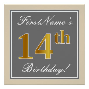 Elegant, grau, Imitate Gold 14. Geburtstag + Name Poster