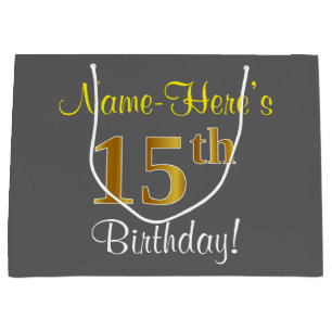Elegant, grau, Imitate Gold 15. Geburtstag + Name Große Geschenktüte