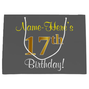 Elegant, grau, Imitate Gold 17. Geburtstag + Name Große Geschenktüte