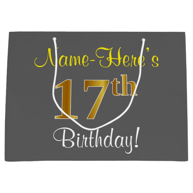 Elegant, grau, Imitate Gold 17. Geburtstag + Name Große Geschenktüte (Vorderseite)