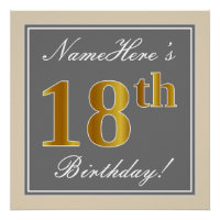 Elegant, grau, Imitate Gold 18. Geburtstag + Name
