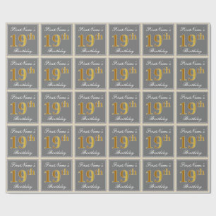 Elegant, grau, Imitate Gold 19. Geburtstag + Name Geschenkpapier