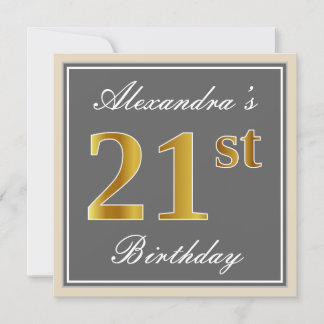 Elegant, grau, Imitate Gold 21. Geburtstag + Name Einladung