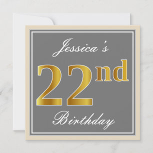 Elegant, grau, Imitate Gold 22. Geburtstag + Name Einladung
