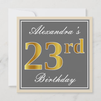 Elegant, grau, Imitate Gold 23. Geburtstag + Name Einladung