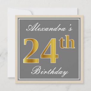 Elegant, grau, Imitate Gold 24. Geburtstag + Name Einladung