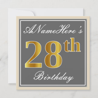 Elegant, grau, Imitate Gold 28. Geburtstag + Name Einladung