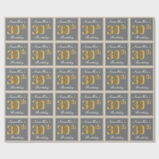 Elegant, grau, Imitate Gold 30. Geburtstag + Name Geschenkpapier (Flach)