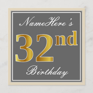 Elegant, grau, Imitate Gold 32. Geburtstag + Name Einladung