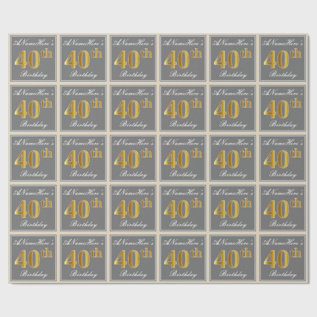 Elegant, grau, Imitate Gold 40. Geburtstag + Name Geschenkpapier (Flach)